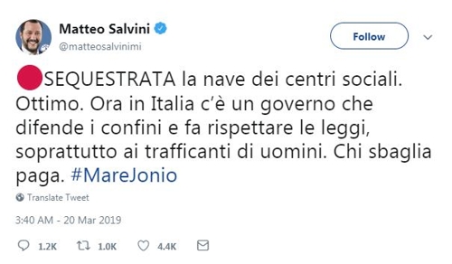 [마테오 살비니 이탈리아 부총리 겸 내무장관 트위터 캡처]