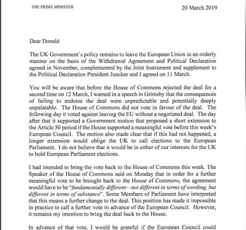 메이 영국 총리가 투스크 EU 상임의장에게 보낸 서한 [영국 총리실 제공]
