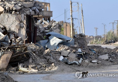 21일 교전으로 파괴된 시리아 동부 바구즈의 거리    [AFP=연합뉴스]