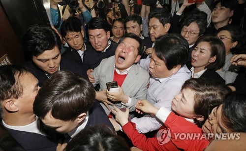 사개특위 개의 거센 항의(서울=연합뉴스) 이진욱 기자 = 29일 국회에서 열린 국회 사법개혁특별위원회에서 이상민 위원장이 본청 220호에서 507호 문화체육관광위원회 회의실로 장소를 옮기자 자유한국당과 바른미래당 일부 의원들이 뒤늦게 도착, 문 앞에서 거세게 항의하고 있다. 2019.4.29 cityboy@yna.co.kr