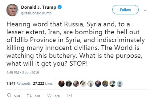 "세상이 이 학살극을 지켜보고 있다..멈춰라!"   [트럼프 대통령 트위터 캡처=연합뉴스]