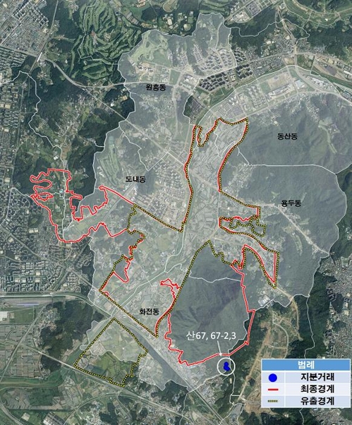 3기 신도시 고양 창릉 지구와 유출 도면 비교빨간색 경계선은 최종 3기 신도시 지정 지구, 갈색 점선은 1년전 유출된 후보지 도면
