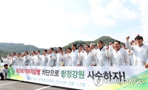 아프리카돼지열병 반드시 막는다(양구=연합뉴스) 양지웅 기자 = 17일 오후 강원 양구군 농업기술센터에서 열린 2019년 아프리카돼지열병(ASF) 가상 방역훈련(CPX)에서 접경지역 5개 시·군 축산방역 담당자들이 ASF 차단을 다짐하는 구호를 외치고 있다. 2019.6.17 yangdoo@yna.co.kr