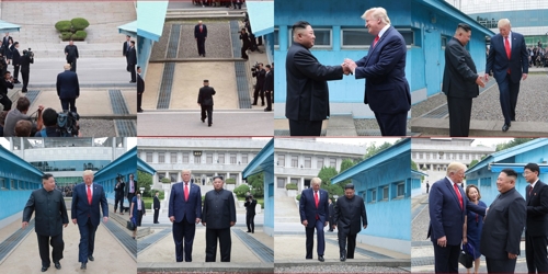 미국 대통령 사상 첫 월경의 순간들(서울=연합뉴스) 김정은 북한 국무위원장과 도널드 트럼프 미 대통령은 판문점 회동에서 교착 상태인 북미 대화를 재개하기로 합의했다고 조선중앙통신이 1일 보도했다. 중앙통신 홈페이지에는 트럼프 대통령의 '1분 월경' 장면이 상세히 소개됐다. 2019.7.1