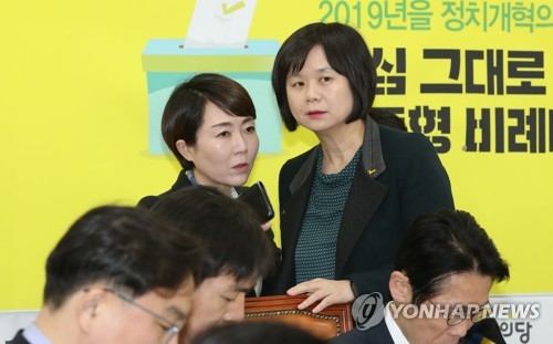 이야기하는 정의당 이정미 대표(오른쪽)와 정호진 대변인[연합뉴스 자료사진]