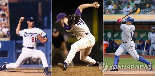 추신수, 한국인 세 번째로 MLB 올스타전 출전(서울=연합뉴스) MLB 사무국이 9일(한국시간) 추신수(텍사스 레인저스)를 올스타전 출전 선수 중 아메리칸리그(AL) 외야수 후보 선수로 발표했다.  
    MLB 올스타전에서 한국 선수가 출전하는 건 박찬호(2001년·당시 로스앤젤레스 다저스), 김병현(2002년·애리조나 다이아몬드백스)에 이어 추신수가 세 번째다. 왼쪽부터 박찬호(1998년), 김병헌(2002년), 추신수(2018년). 2018.7.9 [연합뉴스 자료사진] photo@yna.co.kr