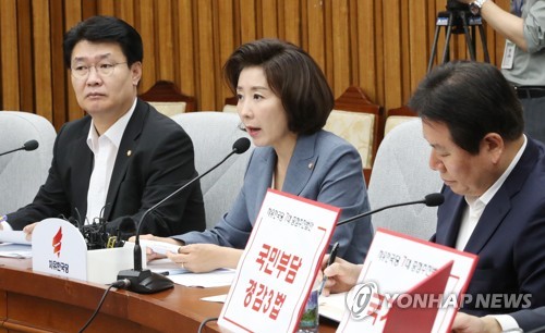 발언하는 나경원 원내대표(서울=연합뉴스) 이진욱 기자 = 자유한국당 나경원 원내대표가 9일 국회에서 열린 원내대책회의에서 발언하고 있다. 2019.7.9 cityboy@yna.co.kr