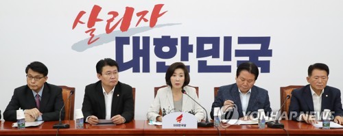 원내대책회의에서 주재하는 나경원(서울=연합뉴스) 김주형 기자 = 자유한국당 나경원 원내대표(가운데)가 12일 오전 국회에서 열린 원내대책회의에서 발언하고 있다.  kjhpress@yna.co.kr