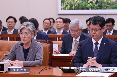 질의에 답변하는 외교부 장관(서울=연합뉴스) 이진욱 기자 = 강경화 외교부 장관이 30일 국회에서 열린 외교통일위원회 전체회의에서 의원 질의에 답변하고 있다. 오른쪽은 김연철 통일부 장관. cityboy@yna.co.kr