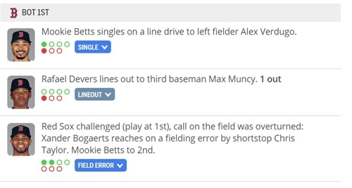 보하르츠(세 번째) 타격 결과를 내야 안타에서 실책으로 변경한 MLB닷컴 기록 사이트[MLB닷컴 홈페이지 캡처]