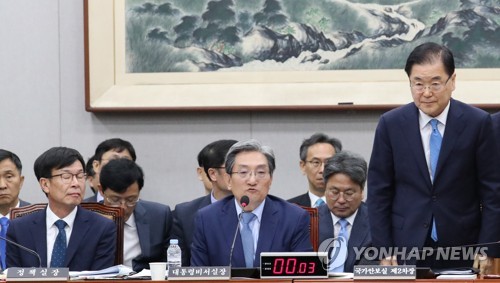 인사하는 정의용 국가안보실장(서울=연합뉴스) 이진욱 기자 = 6일 국회에서 열린 운영위원회 전체회의에서 정의용 청와대 국가안보실장(오른쪽)이 북한 단거리 발사체 관련 회의 주재로 뒤늦게 도착해 인사하고 있다. 2019.8.6 cityboy@yna.co.kr