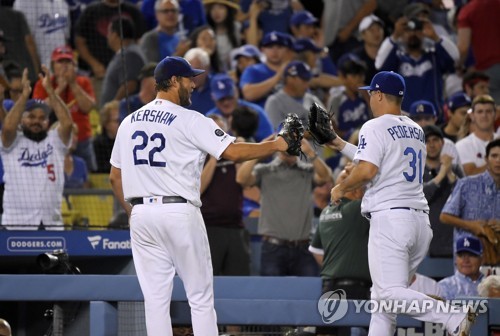 커쇼와 피더슨(로스앤젤레스 AP=연합뉴스) 로스앤젤레스 다저스 좌완 선발 클레이턴 커쇼(왼쪽)가 7일(한국시간) 미국 캘리포니아주 로스앤젤레스 다저스타디움에서 열린 세인트루이스 카디널스와의 홈경기에 선발 등판해 7회 말 수비 때 앤드루 키즈너의 타구를 잡은 우익수 족 피더슨과 글러브를 맞대고 있다.