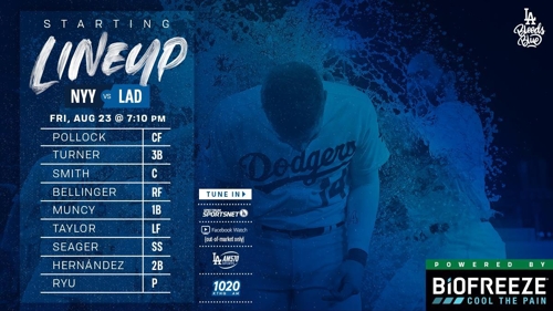 로스앤젤레스 다저스의 24일 뉴욕 양키스전 라인업[다저스 홈페이지 캡처]