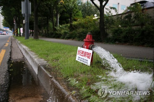 소화전에서 나오는 수돗물(포항=연합뉴스) 손대성 기자 = 29일 경북 포항시 남구 대잠동에 상수도관과 연결된 소화전에서 틀어놓은 물이 밖으로 나오고 있다. 포항시는 수돗물 필터가 검붉은색으로 변하는 '수돗물 사태' 해결을 위해 상수도관 세척 차원에서 물을 틀어놓았다. 2019.8.29 sds123@yna.co.kr
