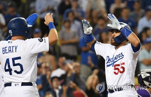 역전 3점 홈런 친 다저스 마틴(오른쪽)[USA 투데이/로이터=연합뉴스]