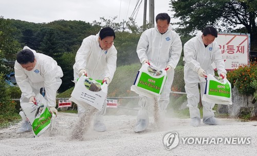 ASF 차단 지원 나선 강원농협(춘천=연합뉴스) 23일 강원 춘천시 동산면의 양돈 농가 집입로에서 함용문 농협강원지역본부장(왼쪽 두 번째)을 비롯한 임직원들이 아프리카돼지열병(ASF) 차단을 위해 생석회를 뿌리고 있다. 2019.9.23 [농협강원지역본부 제공. 재판매 및 DB 금지] yangdoo@yna.co.kr