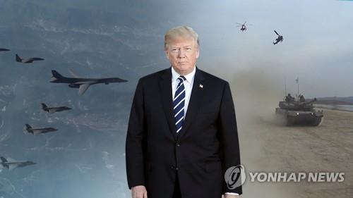 트럼프 "한미훈련 원치않는 건 비용 때문"(CG)[연합뉴스TV 제공]