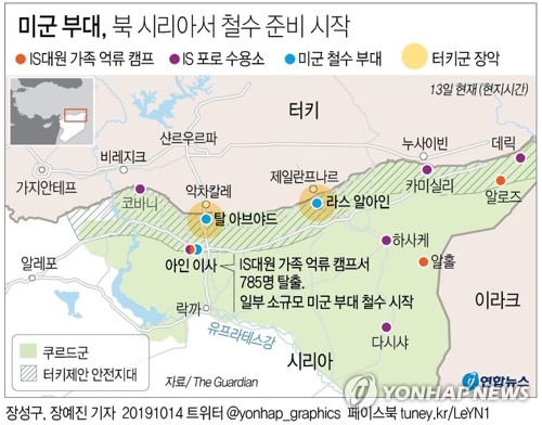 [그래픽] 미군 부대, 북 시리아서 철수 준비 시작(서울=연합뉴스) 장예진 기자 = 미국은 13일(현지시간) 터키가 쿠르드족을 겨냥해 공격한 북부 시리아에서 1천명의 미군을 다른 지역으로 철수시킬 준비를 하고 있으며 일부는 이미 이동한 것으로 알려졌다. jin34@yna.co.kr