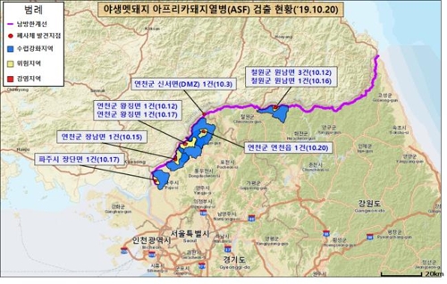 야생멧돼지 ASF 검출현황 지도[국립환경과학원 제공]