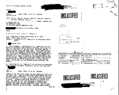 주한 미국대사관이 사건 당시 미국 국무부로 보낸 전문(서울=연합뉴스) 윌리엄 글라이스틴 주한 미국대사는 10·26 사건 후 김재규와 미국 CIA와의 공모설이 서울 시내를 중심으로 광범위하게 퍼져 한동안 고충이 따를 수도 있다는 내용의 전문을 보냈다. 글라이스틴 대사는 별도 문건을 통해 자신이 김재규 부장을 몇 차례 만나 인권 문제 등에 대해 강도 높게 한국 정부를 비난한 바 있으나 10·26사건은 미국과 무관하다고 강조했다. (2019.10.25)