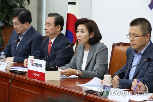 북핵외교안보특위에서 발언하는 나경원(서울=연합뉴스) 김주형 기자 = 자유한국당 나경원 원내대표가 1일 오전 국회에서 열린 북핵외교안보특위 및 국가안보위원회 긴급연석회의에서 발언하고 있다. 2019.11.1 kjhpress@yna.co.kr