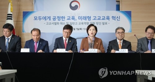 자사고·외고 일반고로 전환 발표(서울=연합뉴스) 김승두 기자 = 유은혜 사회부총리 겸 교육부 장관(오른쪽 세번째)이 7일 오후 정부서울청사에서 자율형사립고(자사고)·외국어고(외고)·국제고를 2025년 일제히 일반고로 전환한다는 내용을 골자로 하는 '고교서열화 해소 및 일반고 교육역량 강화 방안'을 발표하고 있다. 
    왼쪽부터 도성훈 인천시교육청·장희국 광주시교육청·최교진 세종시교육청 교육감, 유 부총리, 이재정 경기도 교육청·조희연 서울시교육청 교육감. 2019.11.7 kimsdoo@yna.co.kr