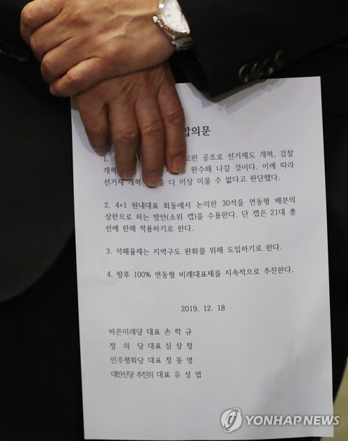 '4+1' 선거법 협상 사실상 타결…야3당 대표 합의(서울=연합뉴스) 안정원 기자 = 18일 오후 서울 여의도 국회에서 민주평화당 정동영 대표가 4+1 선거법 협상 타결 합의문을 들고 있다. 2019.12.18 jeong@yna.co.kr