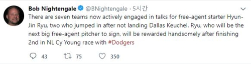 "7개 구단이 류현진에 관심"[봅 나이팅게일 기자 트위터]