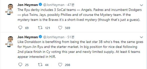 "류현진 더비 진행 중"[존 헤이먼 기자 트위터]