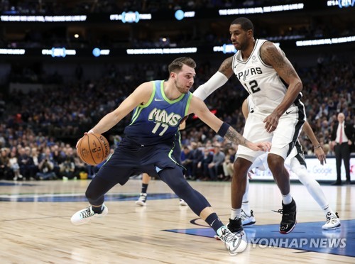 샌안토니오와 경기에 출전한 돈치치(파란 유니폼).[로이터=연합뉴스] Mandatory Credit: Kevin Jairaj-USA TODAY Sports