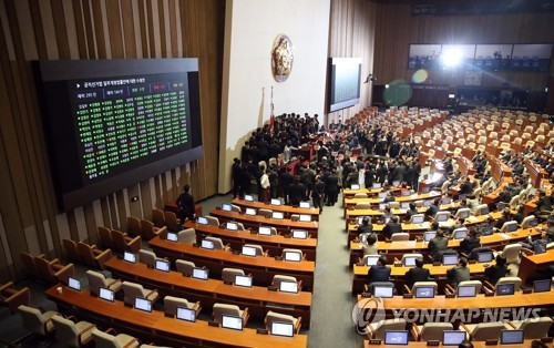 '공직선거법' 개정안 국회 본회의 통과(서울=연합뉴스) 김인철 기자 = 지난 12월 27일 국회 본회의에서 '공직선거법 개정안'이 통과되고 있다.[연합뉴스 자료사진]