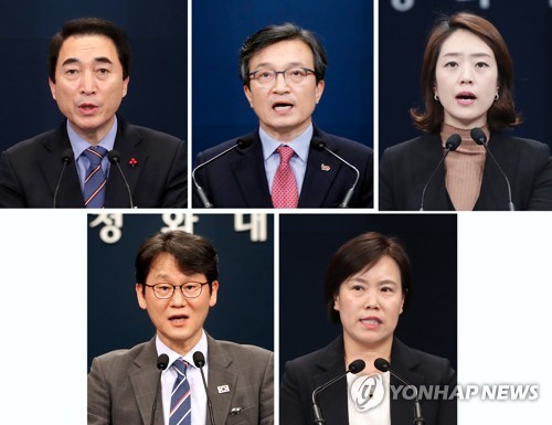 21대 총선에 출사표 던진 대통령의 '입'(서울=연합뉴스) 문재인 정부 출범 이후 대통령의 의견과 정책을 대신해 전해왔던 청와대 전 대변인들과 전 춘추관장들 모두가 21대 총선에 출사표를 던졌다. 대통령의 입 역할을 했던 박수현, 김의겸, 고민정(윗줄 왼쪽부터) 3명의 전 대변인과 대 언론 실무 창구를 해왔던 권혁기, 유송화(아랫줄 왼쪽부터) 전 춘추관장도 나란히 총선에 출사표를 던졌다.[연합뉴스 자료사진]