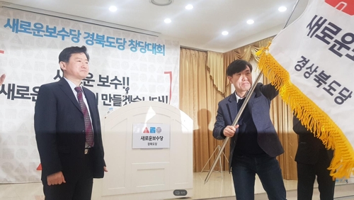 당기 흔드는 하태경 의원 (구미=연합뉴스) 김선형 기자 = 19일 오후 새로운보수당 경북도당 창당대회가 열린 경북 구미 BS호텔에서 하태경 의원이 당기를 흔들고 있다. 2020.1.19 sunhyung@yna.co.kr