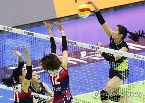 공격하는 정지윤(수원=연합뉴스) 홍기원 기자 = 23일 경기도 수원실내체육관에서 열린 2019-2020 프로배구 V리그 여자부 현대건설 힐스테이트와 KGC 인삼공사의 경기. 현대건설 정지윤이 공격을 하고 있다. 2020.1.23 xanadu@yna.co.kr