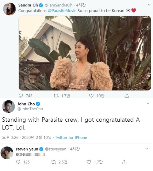 봉준호 감독의 수상소식을 기뻐하는 한국계 배우 샌드라 오·존 조·스티븐 연[트위터 캡처]