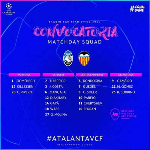 발렌시아의 아탈란타전 원정경기 참가 선수 명단.[발렌시아 홈페이지. 재판매 및 DB 금지]