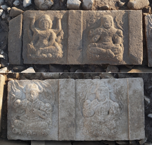 경주읍성에서 나온 팔부중상위쪽은 아수라·건달바(남쪽), 아래쪽은 야차·용(동쪽). [한국문화재재단 제공]