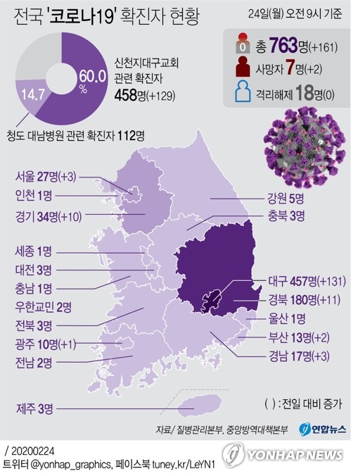 [그래픽] 전국 '코로나19' 확진자 현황(서울=연합뉴스) 이재윤 기자 = 24일 오전 국내 신종 코로나바이러스 감염증(코로나19) 환자가 161명 추가 발생했다. 국내 확진자는 총 763명으로 늘었다. 사망자도 1명 추가돼 총 7명으로 늘었다.
    중앙방역대책본부은 이날 오전 9시 기준 코로나19 환자가 전날 오후 4시 집계보다 161명 추가 발생했다고 밝혔다. 국내 확진자 가운데 신천지대구교회 관련자는 전날 329명에서 458명으로 늘었다. yoon2@yna.co.kr