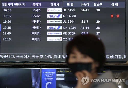 오사카행 결항(서울=연합뉴스) 서명곤 기자 = 6일 오전 김포국제공항 국제선청사 모니터에 일본 오사카행 결항 정보가 표시돼 있다. 일본 아베 총리는 5일 저녁 주재한 코로나19 대책본부 회의에서 한국과 중국에서 들어오는 입국자를 지정 장소에서 2주간 대기토록 하고 두 나라 국민에게 발급한 비자의 효력을 정지하는 내용의 새로운 코로나19 대책을 발표했다. 2020.3.6 seephoto@yna.co.kr