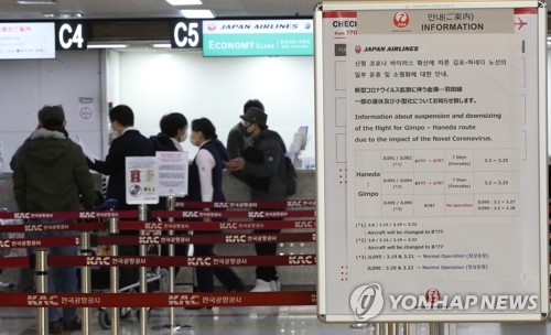 일본으로(서울=연합뉴스) 서명곤 기자 = 6일 오전 김포국제공항 국제선청사에서 일본인들이 일본 도쿄행 탑승 수속을 하고 있다. 일본 아베 총리는 5일 저녁 주재한 코로나19 대책본부 회의에서 한국과 중국에서 들어오는 입국자를 지정 장소에서 2주간 대기토록 하고 두 나라 국민에게 발급한 비자의 효력을 정지하는 내용의 새로운 코로나19 대책을 발표했다. seephoto@yna.co.kr