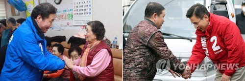 종로 마음 얻으려는 이낙연-황교안4.15 총선에서 종로에 출마하는 더불어민주당 이낙연 전 국무총리(왼쪽)가 지난달 13일 오후 서울 종로구 숭인동의 한 경로당에서 어르신들과 인사를 나누고 있다. 자유한국당 황교안 대표(오른쪽)는 같은 시간 종로구 창신1동을 방문해 주민들과 인사를 나누고 있다. [연합뉴스 자료사진]