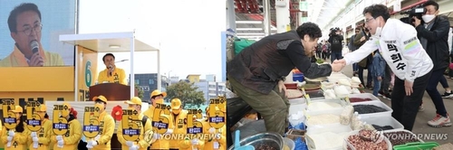 오일장 유세 나선 총선 제주 후보들(제주=연합뉴스) 박지호 백나용 기자 = 제주갑 선거구에 출마한 정의당 고병수 후보(왼쪽)와 무소속 박희수 후보가 2일 오후 제주시 민속오일시장에서 지지를 호소하고 있다. 2020.4.2