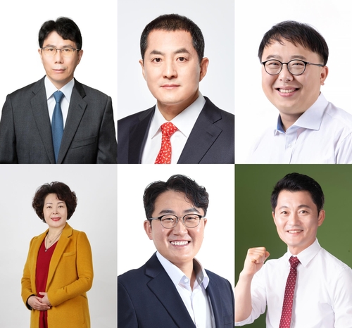 진주갑 출마 후보들왼쪽 위부터 시계방향으로 더불어민주당 정영훈, 미래통합당 박대출, 민중당 김준형, 무소속 김유근, 무소속 최승제, 국가혁명배당금당 오필남 후보. [경남도선관위 제공. 재판매 및 DB 금지]