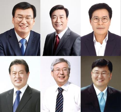 거제 총선후보 윗줄 왼쪽부터 더불어민주당 문상모·미래통합당 서일준·우리공화당 박재행 후보. 아래 줄 왼쪽부터 국가혁명배당금당 이태재·무소속 염용하·무소속 김해연 후보. [선관위 제공. 기호순]