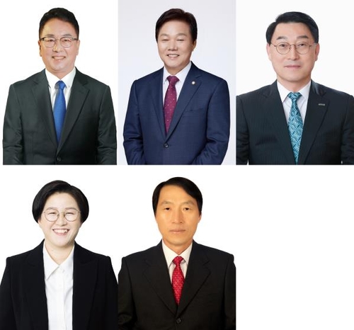 창원 의창 총선 후보 5인윗줄 왼쪽부터 민주당 김기운·통합당 박완수·민생당 강익근 후보. 아래줄 왼쪽부터 민중당 정혜경·배당금당 한상구 후보. [선관위 제공. 기호 순]