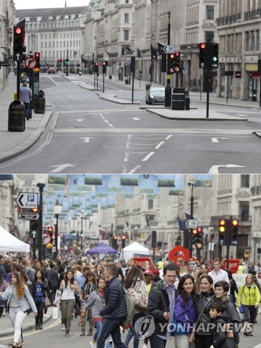 코로나19 전후 런던 시내 리젠트 가의 모습 [AP=연합뉴스]