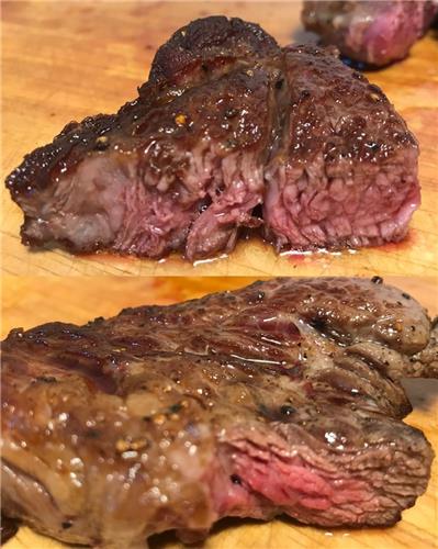 미디엄 레어로 구운 스테이크(위)와 미디엄 스테이크[촬영 조성미, 재판매 및 DB 금지]