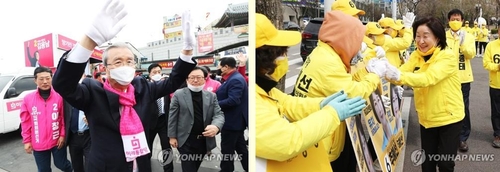 경기도 찾아 지지 호소하는 김종인 선대위원장(왼쪽)과 심상정 정의당 대표(오른쪽)