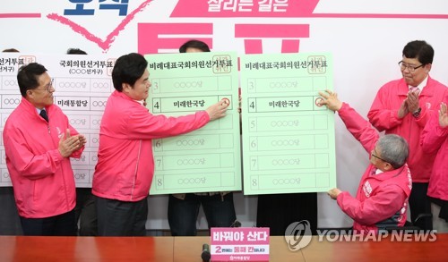 미래통합당-미래한국당 '둘째 칸 찍기' 퍼포먼스(서울=연합뉴스) 김인철 기자 = 미래한국당 원유철 대표와 이종성 비례대표 후보가 14일 오전 국회에서 미래통합당-미래한국당 '둘째 칸 찍기' 캠페인 퍼포먼스를 하고 있다. 2020.4.14 yatoya@yna.co.kr