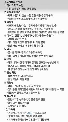 SNS에 퍼진 '등교개학의 문제점' [카카오톡 캡처=연합뉴스]